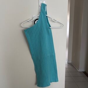 Zara One-Shoulder Ribbed Dress in Teal
